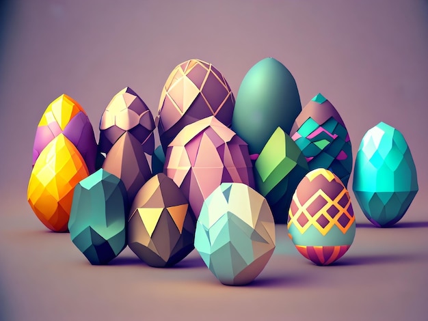 A group of easter eggs with a purple background