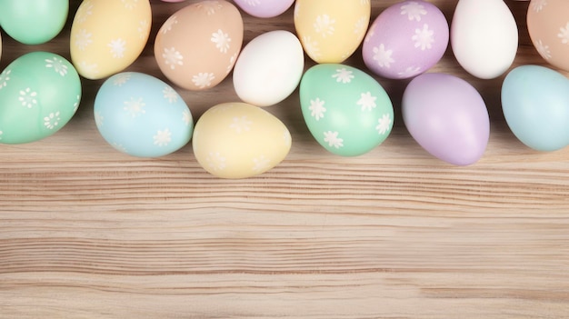 A group of easter eggs on a wooden table