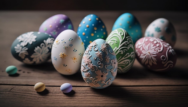 A group of easter eggs on a wooden table