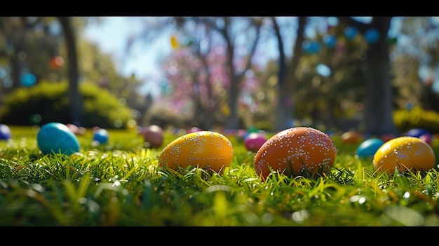 Photo a group of eggs are in the grass with a tree in the background