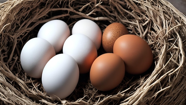 A group of eggs in a nest with one brown egg.