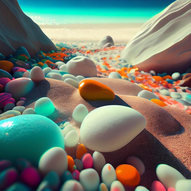 Group of eggs sitting on top of a sandy beach generative ai