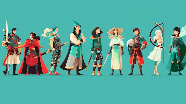 Photo a group of eight cartoon fantasy characters including a warrior mage and archer stand in a line against a blue background