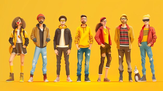 Photo a group of eight diverse young adults stand together in front of a yellow background