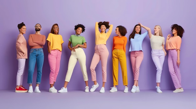 Photo a group of eight people stand in a row each wearing a different colored shirt and pants