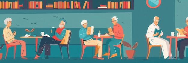 Photo a group of elderly individuals studies foreign languages using books and dictionaries in a cozy cafe creating a vibrant atmosphere of learning and engagement generative ai