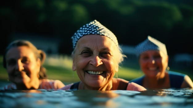 Group of elderly women friends all going into the sea together