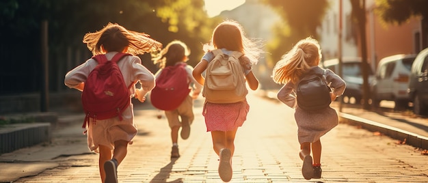 Group of elementary school kids running at school back view Back to school concept