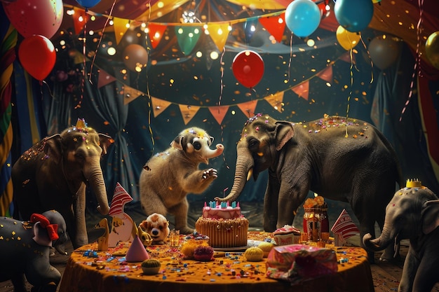 A group of elephants all standing around a table celebrating with a cake Circus animals preparing for a grand birthday celebration AI Generated