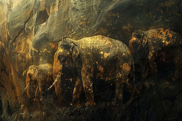 a group of elephants are standing in a cave