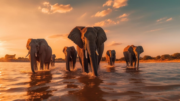 a group of elephants are walking in water with sunset