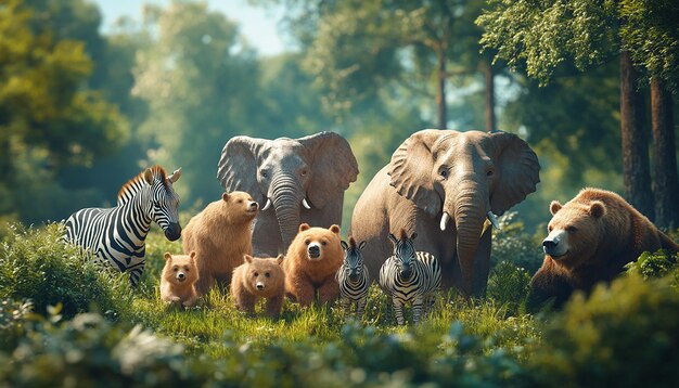 a group of elephants and zebras are standing in the grass