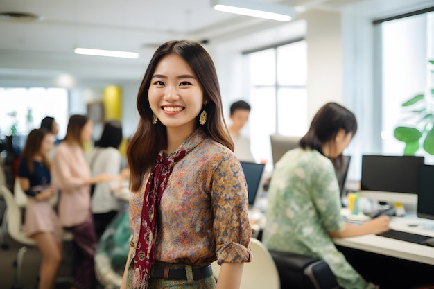 A group of employee wearing batik smile office background