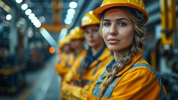 The group of employees and engineers are celebrating in a warehouse filled with parts