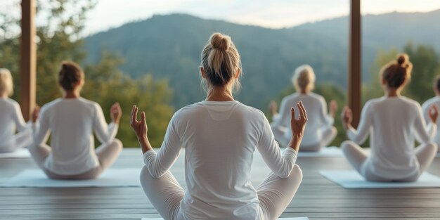 Photo a group of employees participating in a corporate wellness program doing yoga in a serene outdoor setting