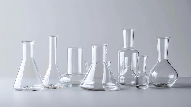 Photo a group of empty glass beakers and flasks arranged on a white surface