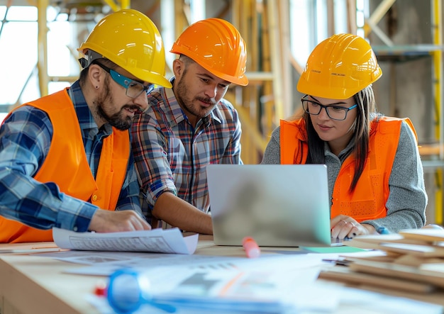 Group of engineers and an architect analyzing building plans on a laptop during a meeting