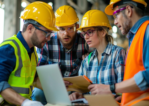 Group of engineers and an architect engaged in laptopbased analysis and brainstorming for construction