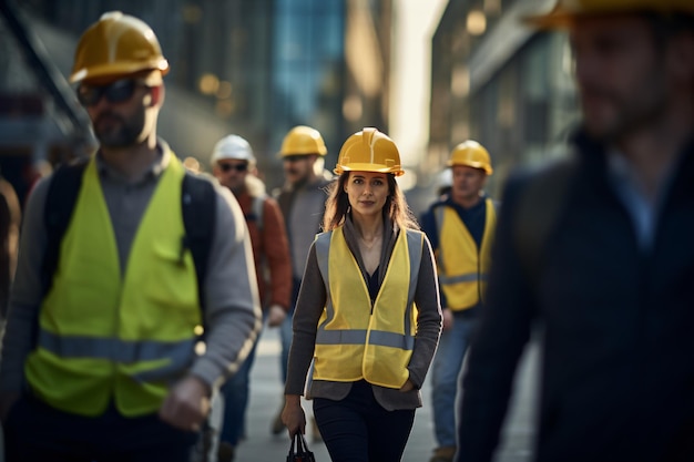 Group of Engineers and Contractors wearing yellow hard hat on a building site