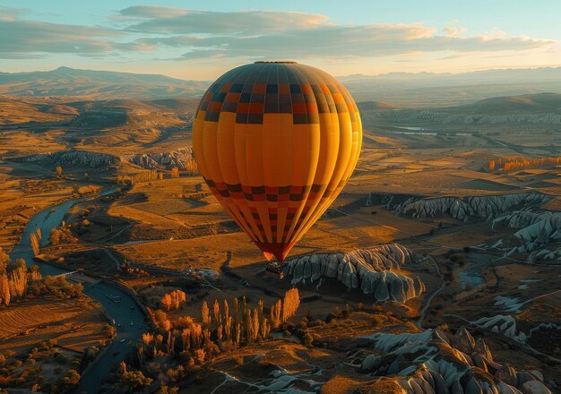 Group enjoying a hot air balloon ride at sunset over scenic landscapes