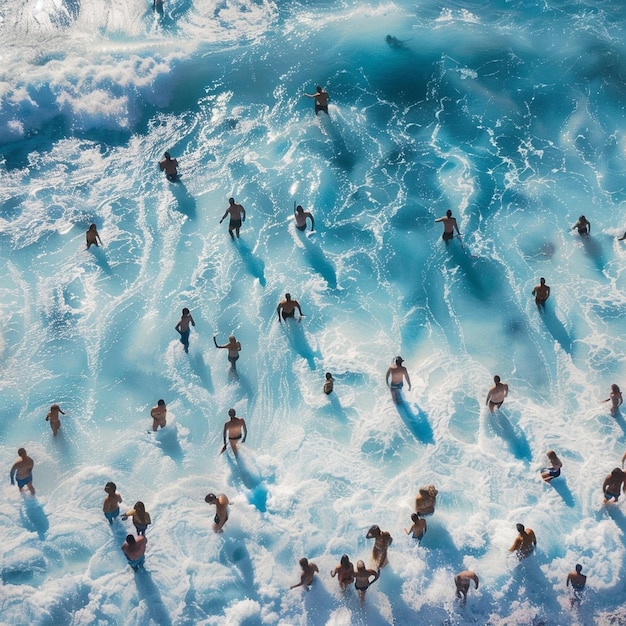 Group enjoying a serene beach day amidst clear blue waves