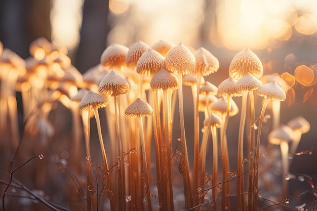 Group of Enokitake mushrooms in blurred background