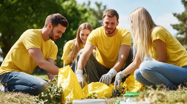 Photo a group of enthusiastic young volunteers gathers in a park working together to clean up litter while wearing matching yellow shirts showcasing teamwork and dedication to community care