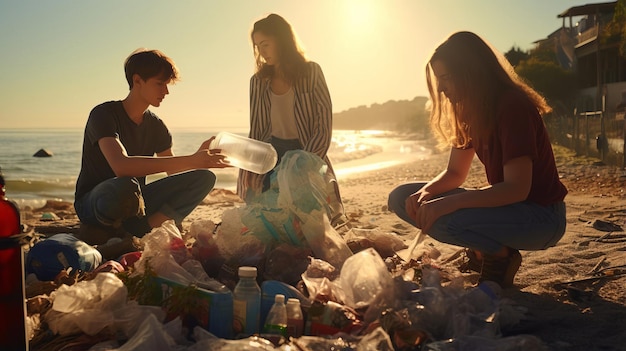 Group of environmentally conscious teenagers clean up a plastic beach at sunset