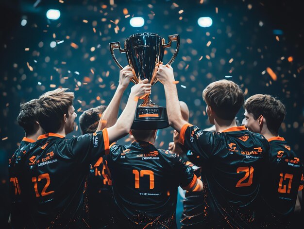 Photo a group of esports players raise a trophy in victory confetti falling around them