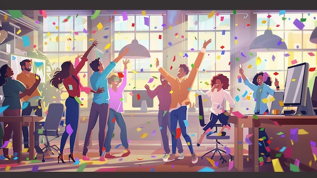 Photo group of excited business people celebrating and toasting with confetti falling in the office