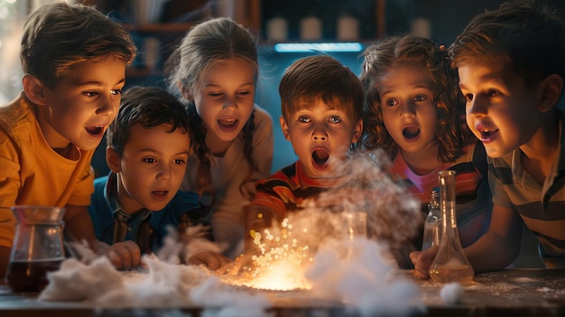 A group of excited children watch a science experiment with a small explosion in the center