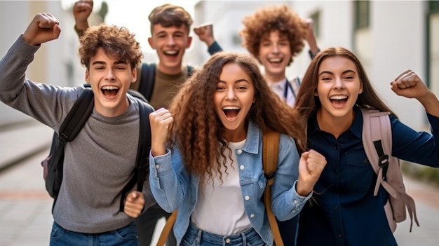 A group of excited students with backpacks and notebooks ready to conquer a new school year with en