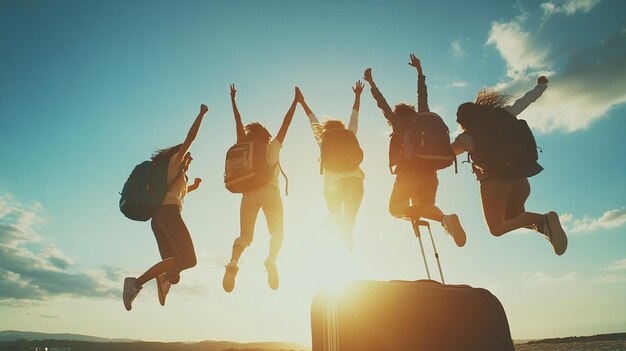 Photo a group of excited young friends jumping in the air during a fun outdoor party capturing joyful moments together