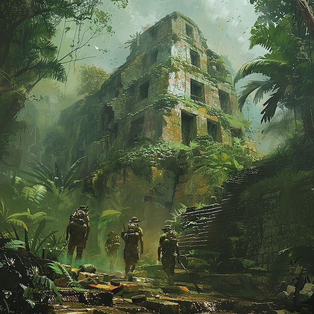 A group of explorers find the ruins of an ancient building in a forest