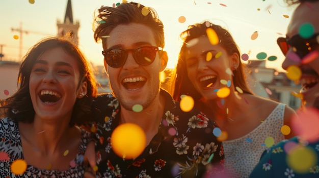 A group of exuberant individuals is tossing confetti and laughing on a rooftop at sunset