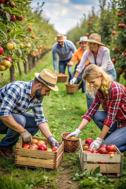 Photo a group of farmers picking apples and planting fruit seeds on the farm