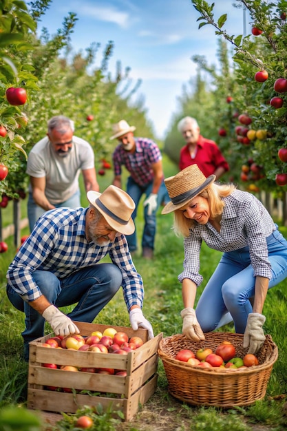 Photo a group of farmers picking apples and planting fruit seeds on the farm