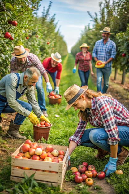 Photo a group of farmers picking apples and planting fruit seeds on the farm