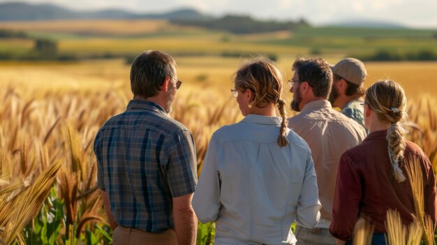 A group of farmers standing in a field examining crops that are thriving despite a lack of rain the