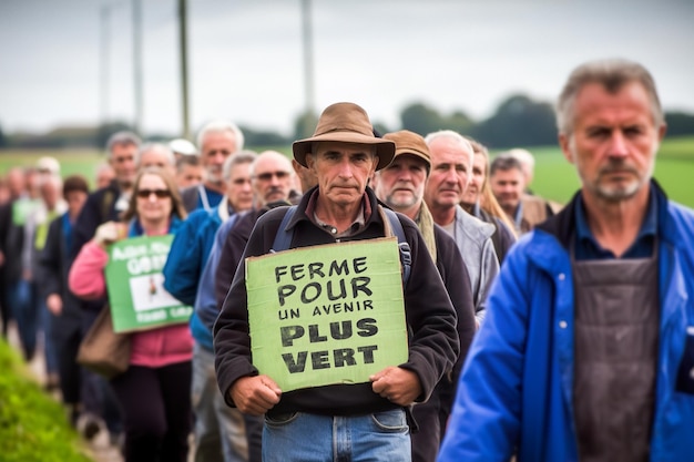 A group of farmers with signs demanding farming for a greener tomorrow Generative AI image