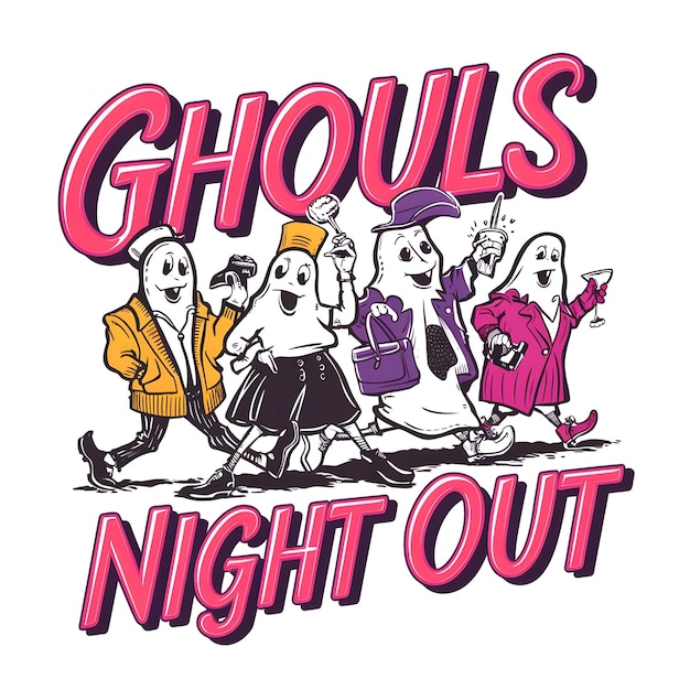 A group of fashionable ghosts heading out for a night on the town with the phrase Ghouls Night Out