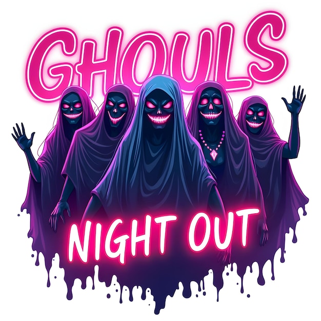 A group of fashionable ghosts heading out for a night on the town with the phrase Ghouls Night Out