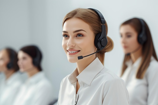 A group of female customer service representatives sat smiling and talking through headphones