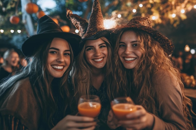 A group of female friends having fun at a halloween party