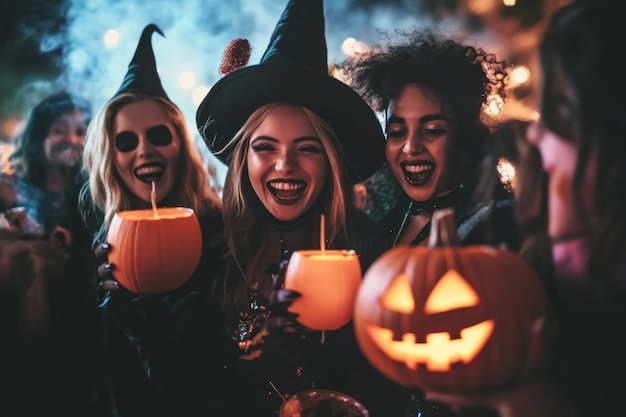 A group of female friends having fun at a halloween party