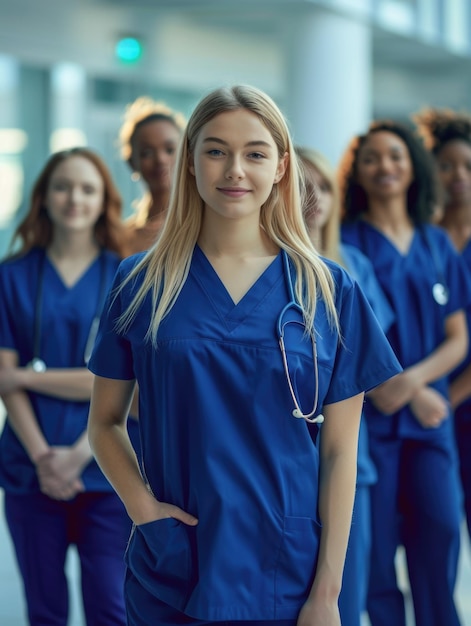 Photo a group of female medical professionals wearing scrubs standing in a row