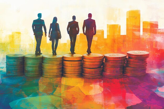 Photo group of figures on colorful financial bar graphs illustrating teamwork and collective success in b