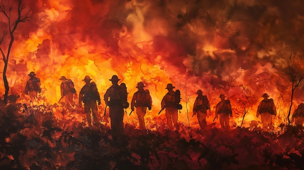 A group of firefighters are walking through a burning forest