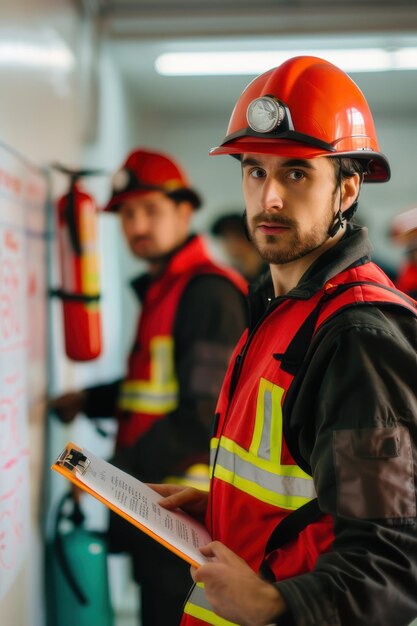 Photo a group of firefighters in helmets and reflective vests attentively reviewing plans on a whiteboard