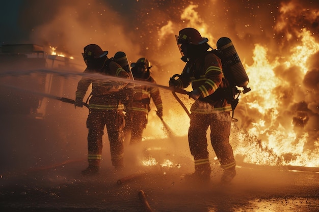 Group of firefighters working together to extinguish blazing flames in emergency rescue operation